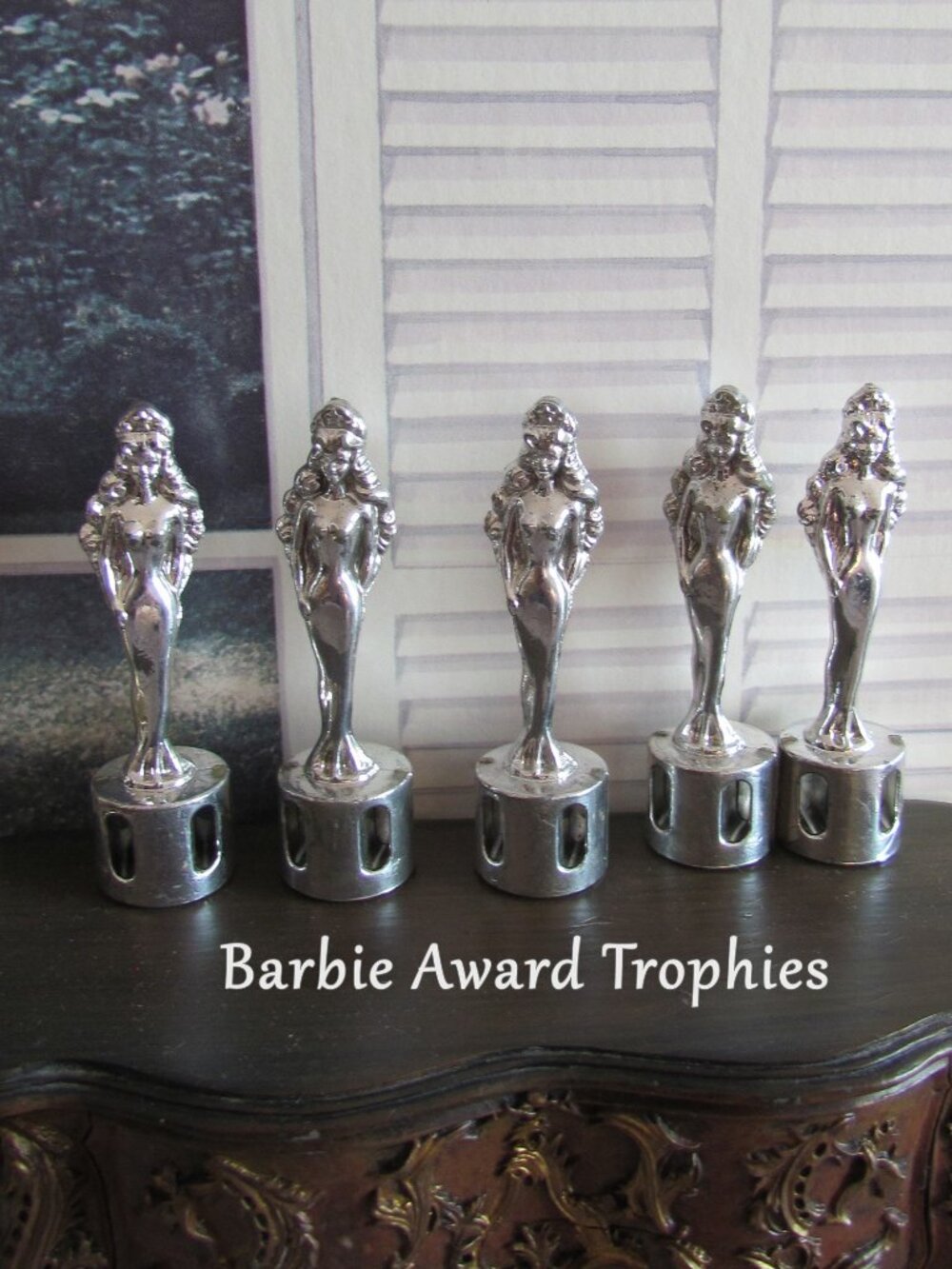 BARBIE TROPHIES, AWARDS for BARBIE PLAY, 5 SILVER COLORED WINNERS' STATUETTES